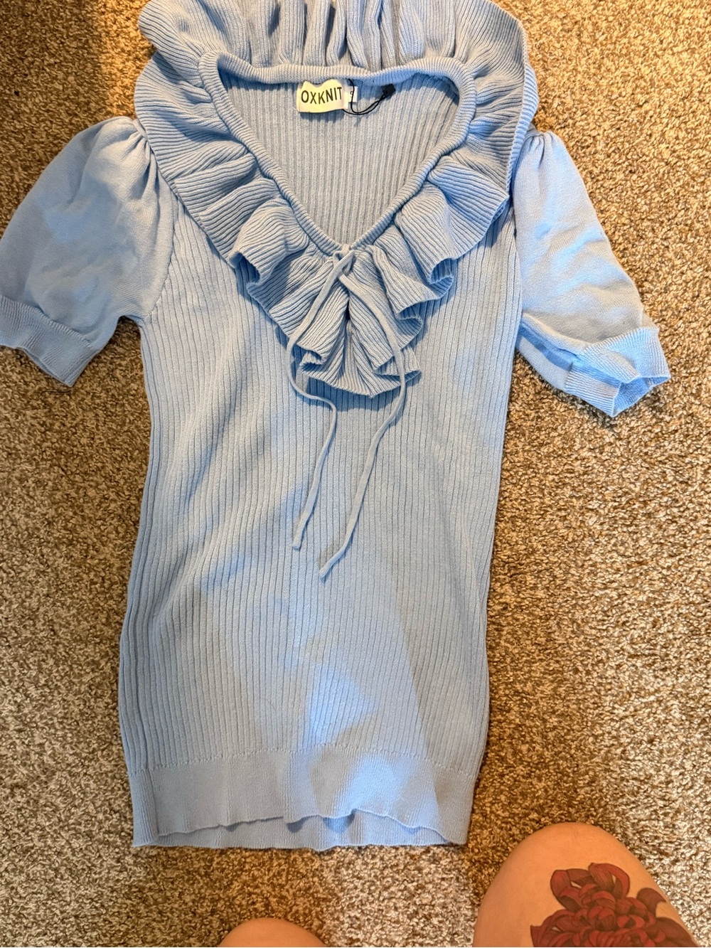 OXKNIT Light Blue Ruffle Knit Blouse